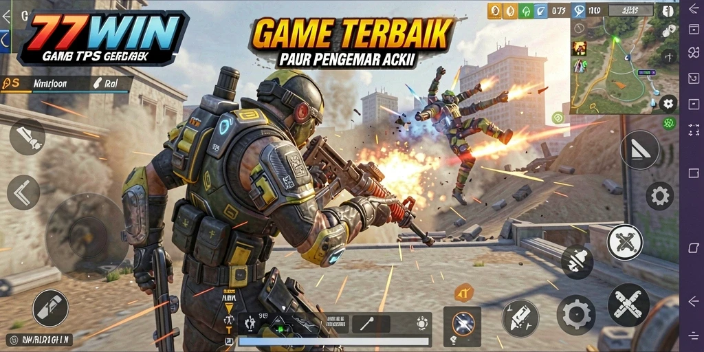 Screenshot utama 77WIN menampilkan aksi seru dalam pertempuran TPS.