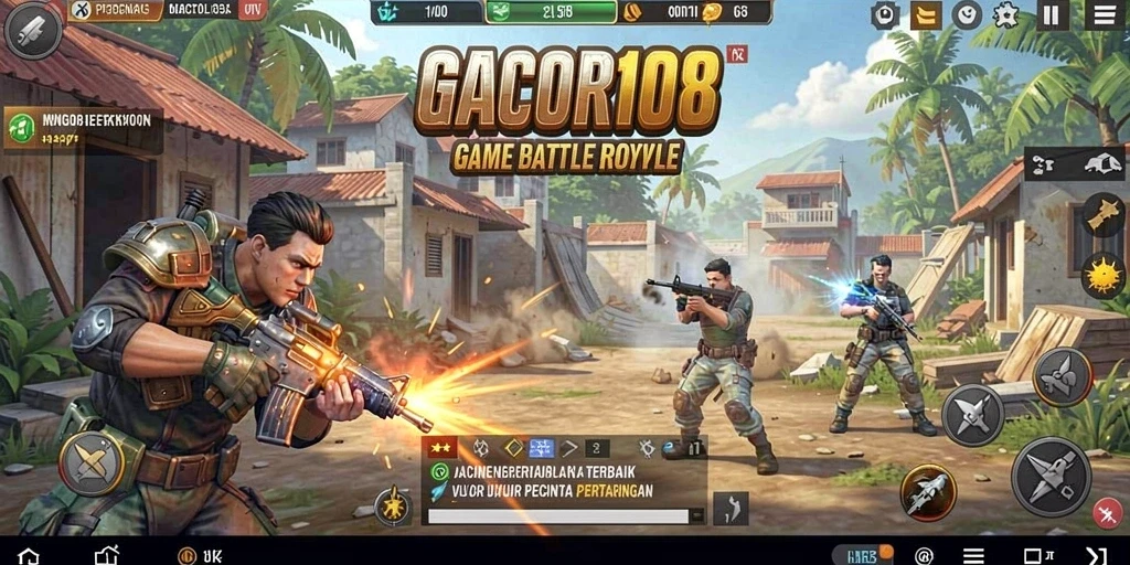 Tampilan gameplay épik GACOR108 dengan pertarungan Battle Royale yang seru.