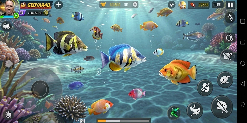 Screenshot gameplay GEBYAR4D yang menampilkan aksi menangkap ikan.