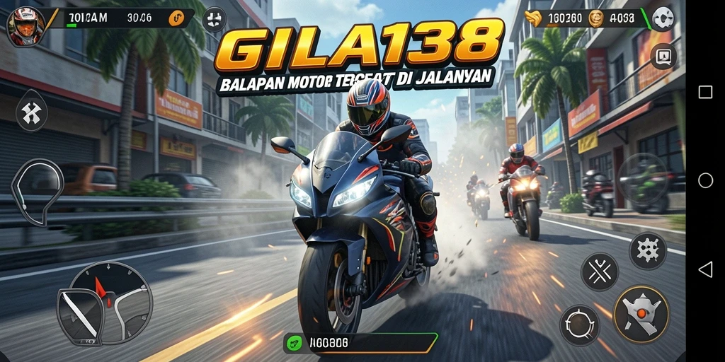 Screenshot gameplay GILA138 menampilkan aksi balapan motor yang mendebarkan.