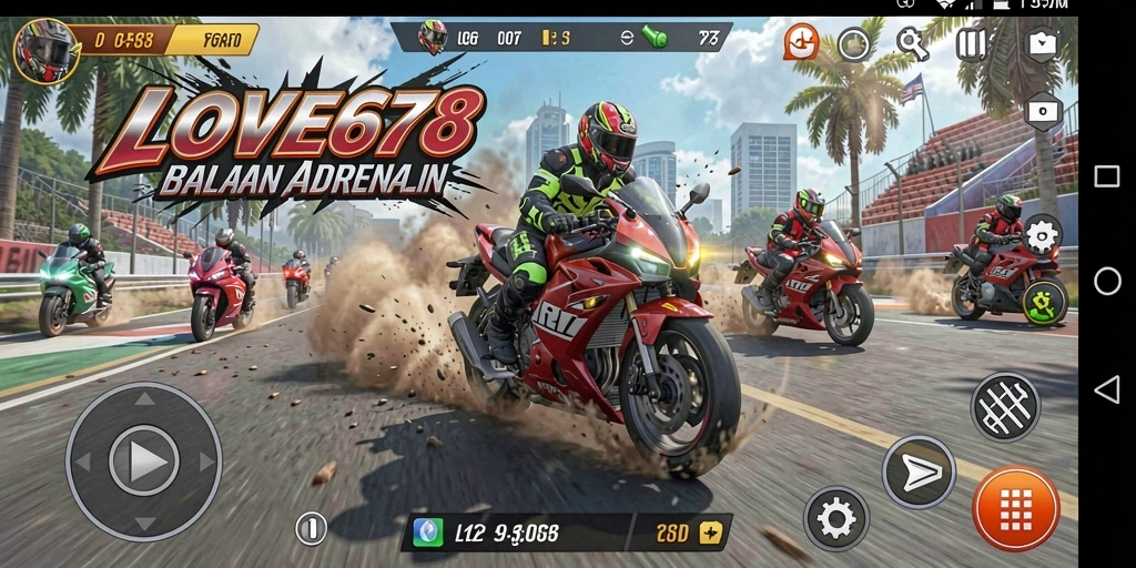 Tangkapan layar gameplay LOVE678 menampilkan balapan motor yang seru.