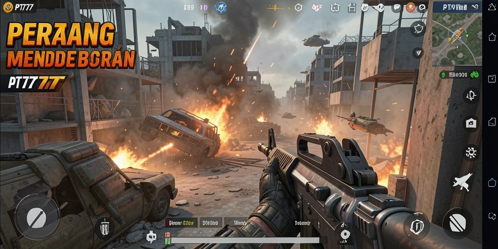 Tangkapan layar menunjukkan aksi mendebarkan di PT777 dengan gameplay FPS yang intens.