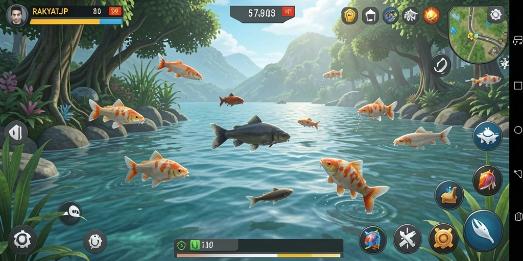Gameplay RAKYATJP menampilkan aksi memancing yang seru dan menantang.